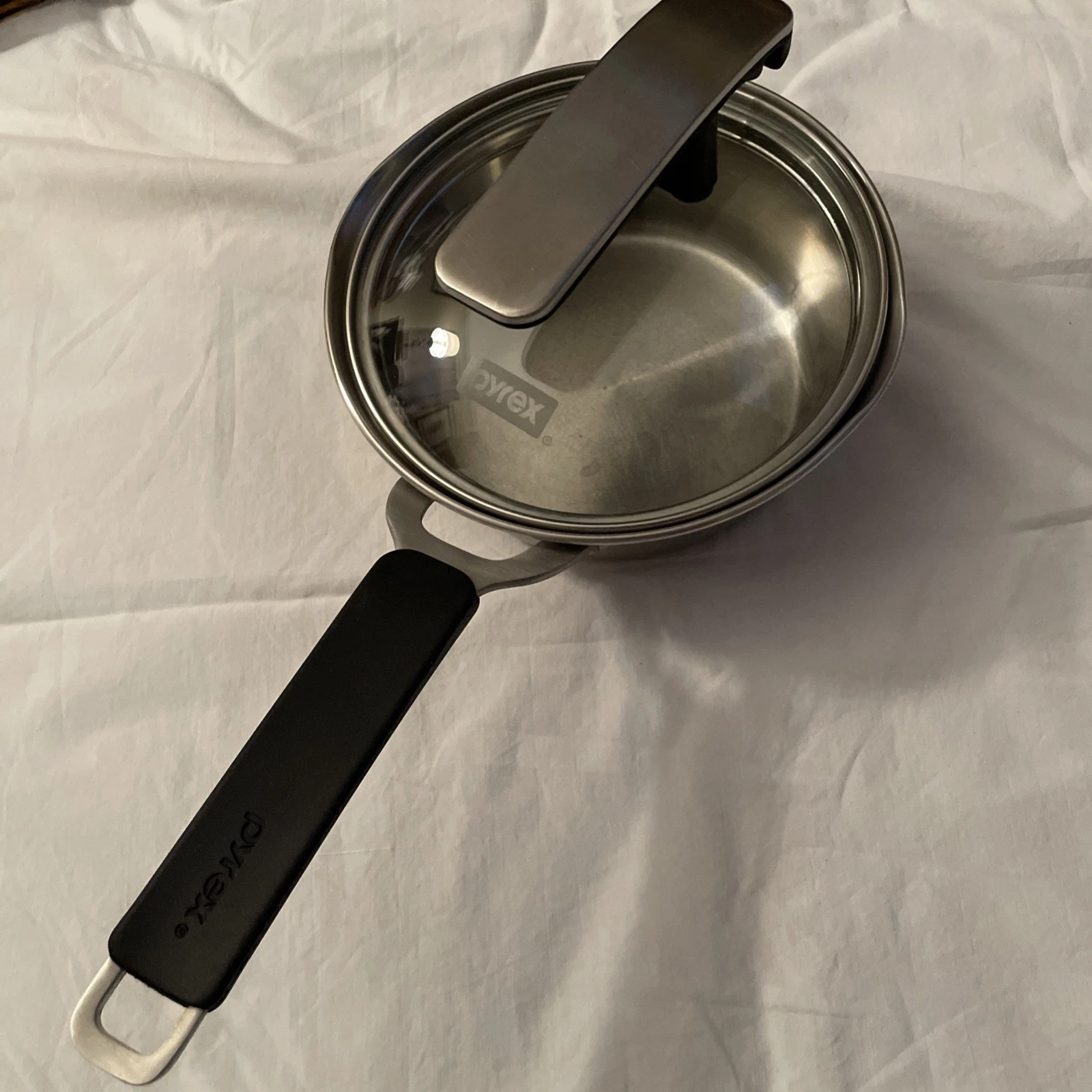 Pyrex Vintage Stainless Steel Pan With Glass Lid- 1 Quart- Double Pour Edge- EUC