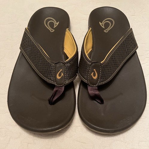 OluKai Kekoa Flip Flops Sandals Thongs Size US 11 Brown Great Condition