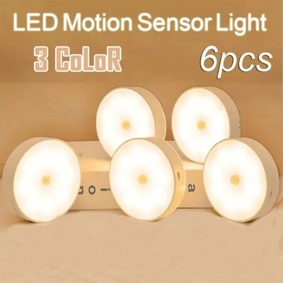 6x Bewegungssensor LED Nachtlicht USB wiederaufladbar 3 Farben Nachtlampe Kabine UK
