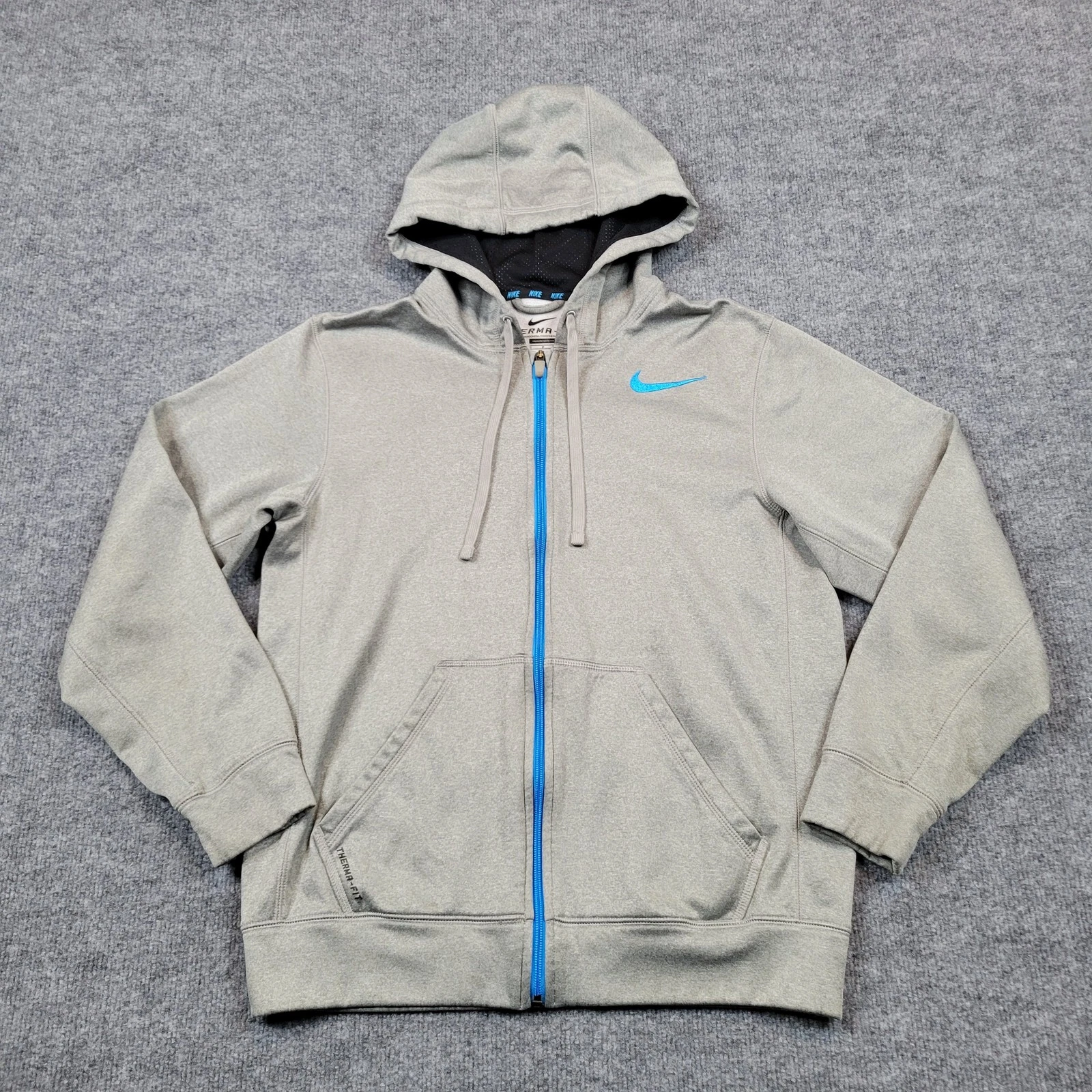 Nike Hoodie Mens Small Gray Therma FIT Full Zip Fleece Sweatshirt Blue Swoosh