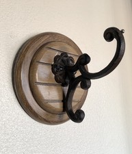 Vintage Rustic Cast Iron Coat Wall Hanger Double Hook Wooden Base Mid Century