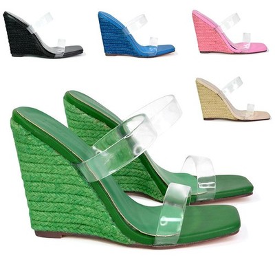 Damen Espadrille Keilabsatz Sandalen Transparent Riemchen Pantoletten Schuhe