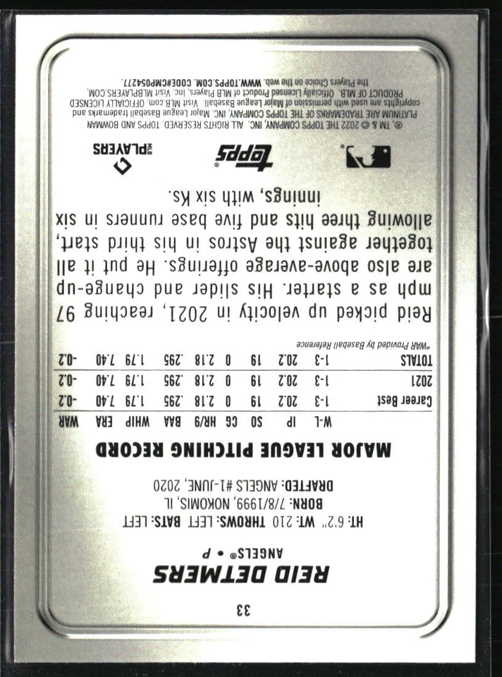 2022 Bowman Platinum #33 Reid Detmers - Image 2 of 2