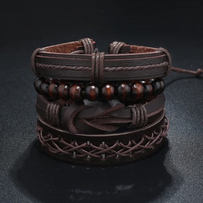Vintage Leather Bracelet Men Multiple Woven Bracelets with Brown Wood Beads As D