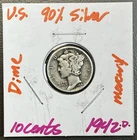 1942 D - 10C Mercury Dime / 90% Silver Coin.