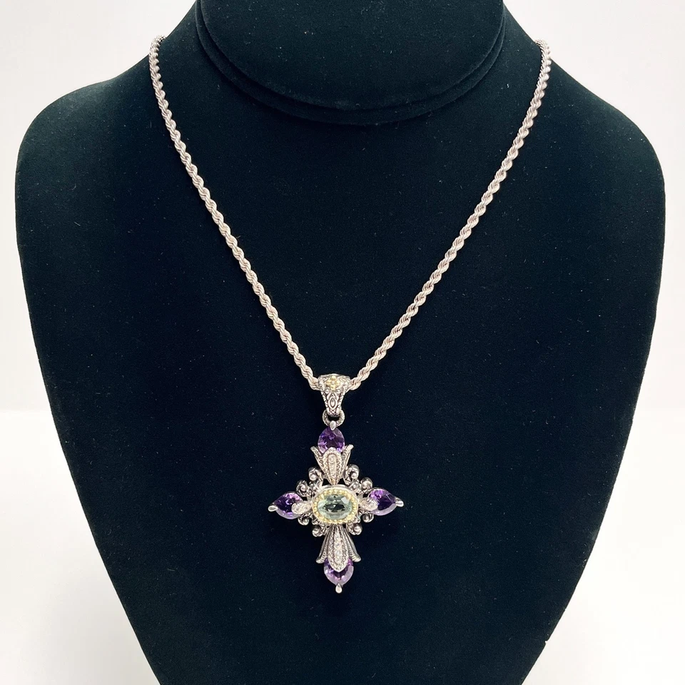 Barbara Bixby 925 / 18k Amethyst Green Flourite Enhancer Cross Pendant Necklace - Imagem 2 de 4