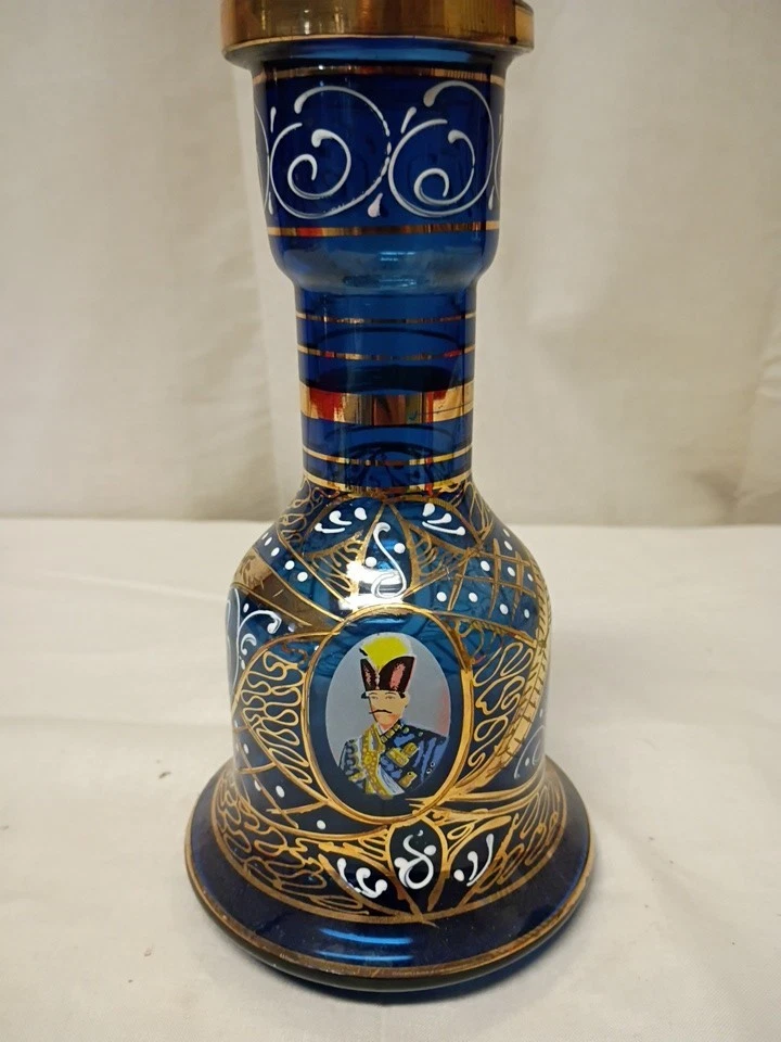 Antique Glass Blue Persian Hookah Base with Portrait. Extremely Rare. - Image 2 of 4