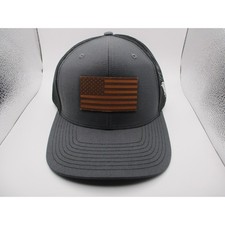 Richardson 112 Trucker Hat Charcoal Gray Leather American Flag Patch Snapback