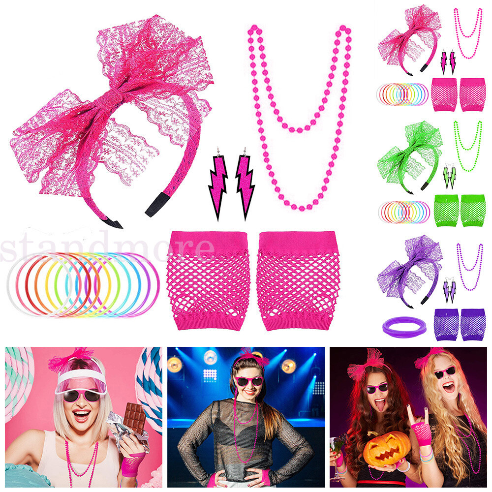 80s Costume Accessories Set - Headband, Earrings, Fishnet Gloves, Necklace, Bracelets & Leg Warmers