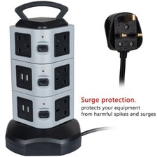 10 Way Tower Extension Lead With 4 USB Surge Protected UK Plug Socket 2500W 3M