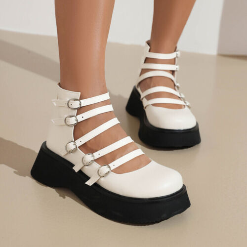 Womens Gothic Buckles Strappy Sandals Punk Platforms Wedge Heels Shoes College - Picture 1 of 14