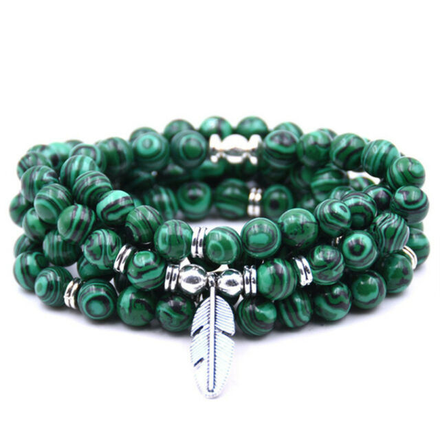 6mm Malachite Gemstone Mala Bracelet 108 Beads Leaf Pendant Wrist Buddhism