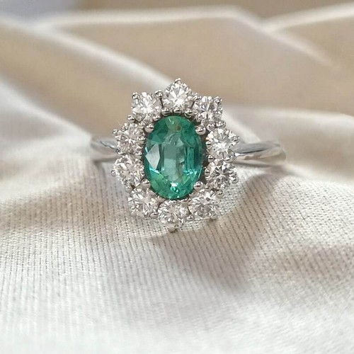 1.46 Ct Emerald & Lab Grown CVD Diamond Halo Prong Ring 18k Solid White Gold