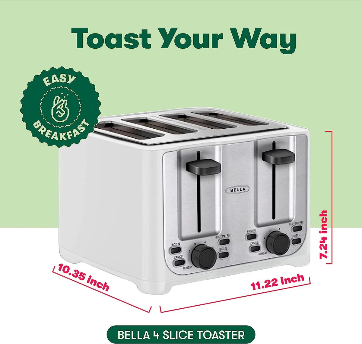 BELLA 4 Slice Toaster with Auto Shut Off - Extra Wide Slots & 4 Slice,  White