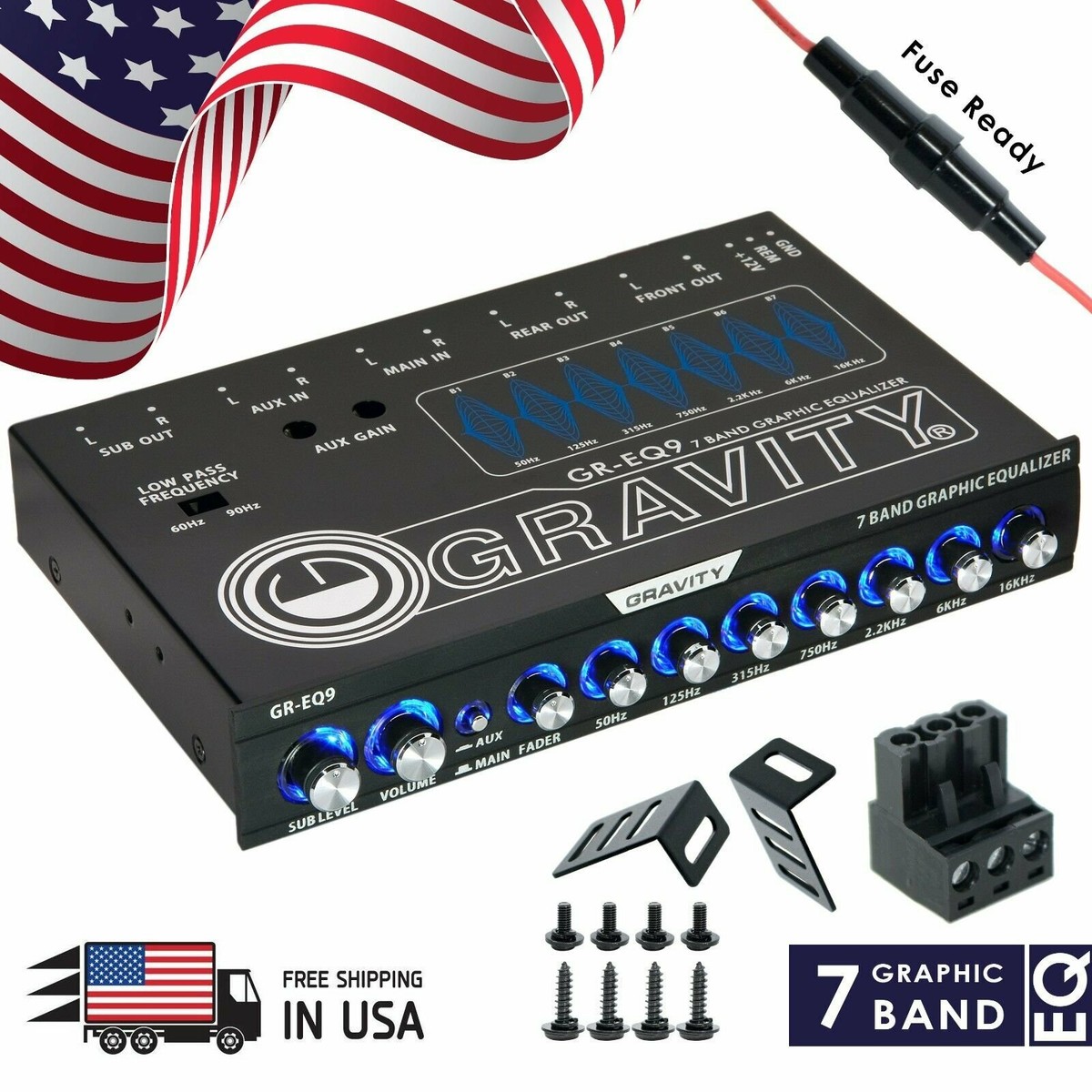Gravity EQ9 1/2 Din 7 Band Car Audio Equalizer EQ w/ Front, Rear +