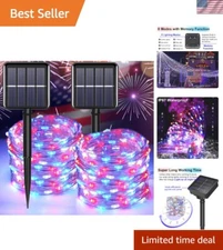 Festive 2-Pack 200 LED Solar Lights - 66ft Red White Blue for Holidays Outdoors