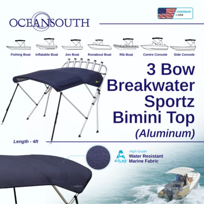 Oceansouth 3 Bow Breakwater Sportz Bimini Top 4ft Length 59''- 67'' Blue