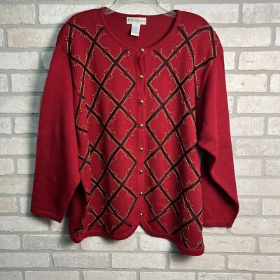 Dressbarn Knit Cardigan Womens 3X Red Button Up Embroidered Beaded Loose Cuff
