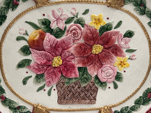 Vintage Fitz & Floyd Father Christmas Poinsettia Festive Serving Platter 18" - Picture 2 of 8