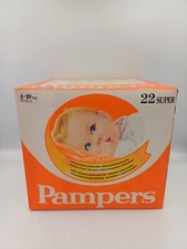 Vtg Pampers Box Super 22 Plastic Diapers Sz Mini 4-10Kg, 9-20 lbs - Great Shape 