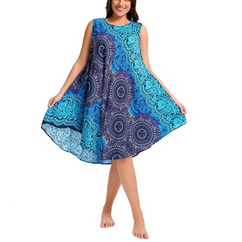Women Sleeveless Midi Dress Beach Cover Up Crew Neck Summer Swing Boho Sundress - Picture 2 of 3