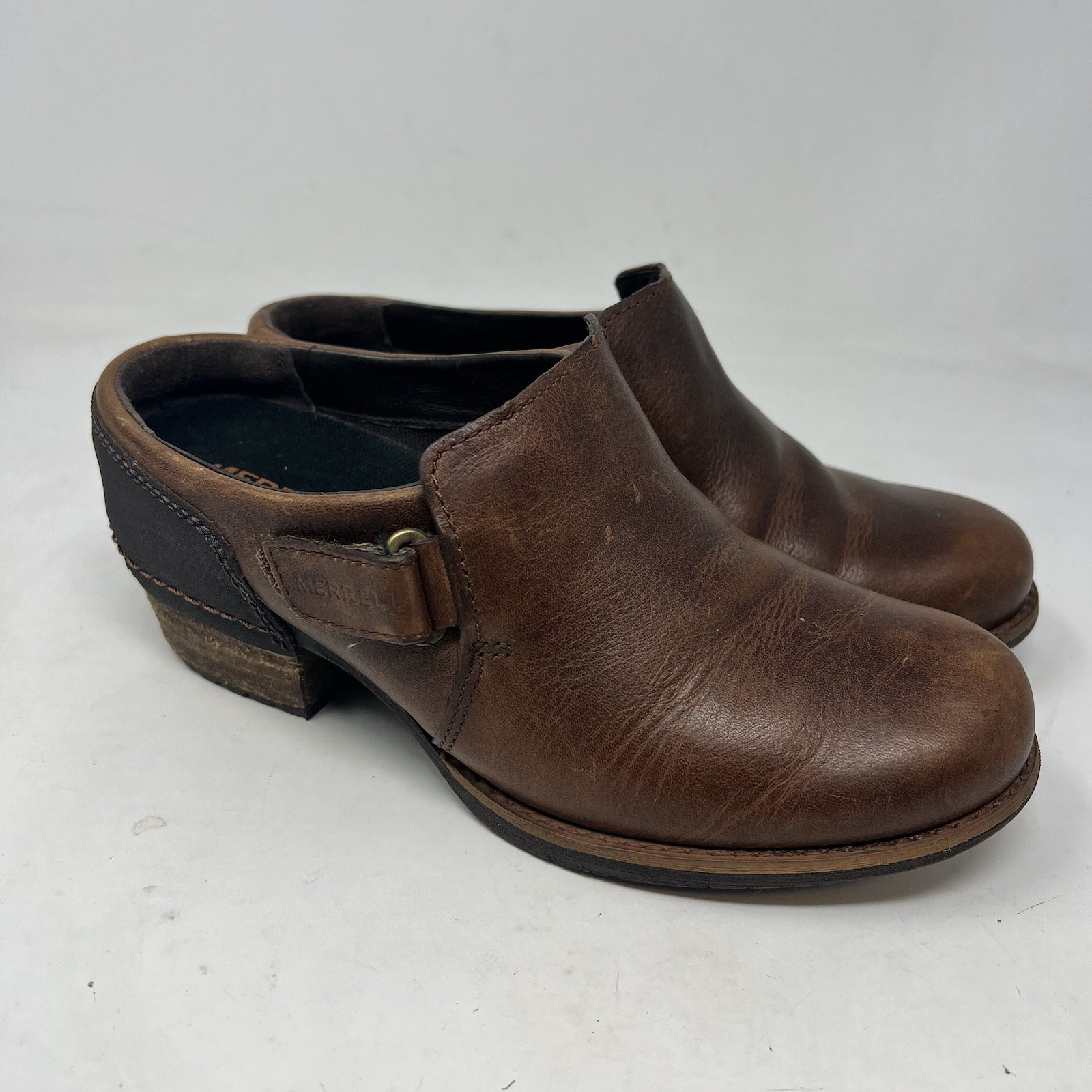 Scarpe Merrell donna zoccoli rovere pelle marrone tacco impilato J42468 taglia US 6