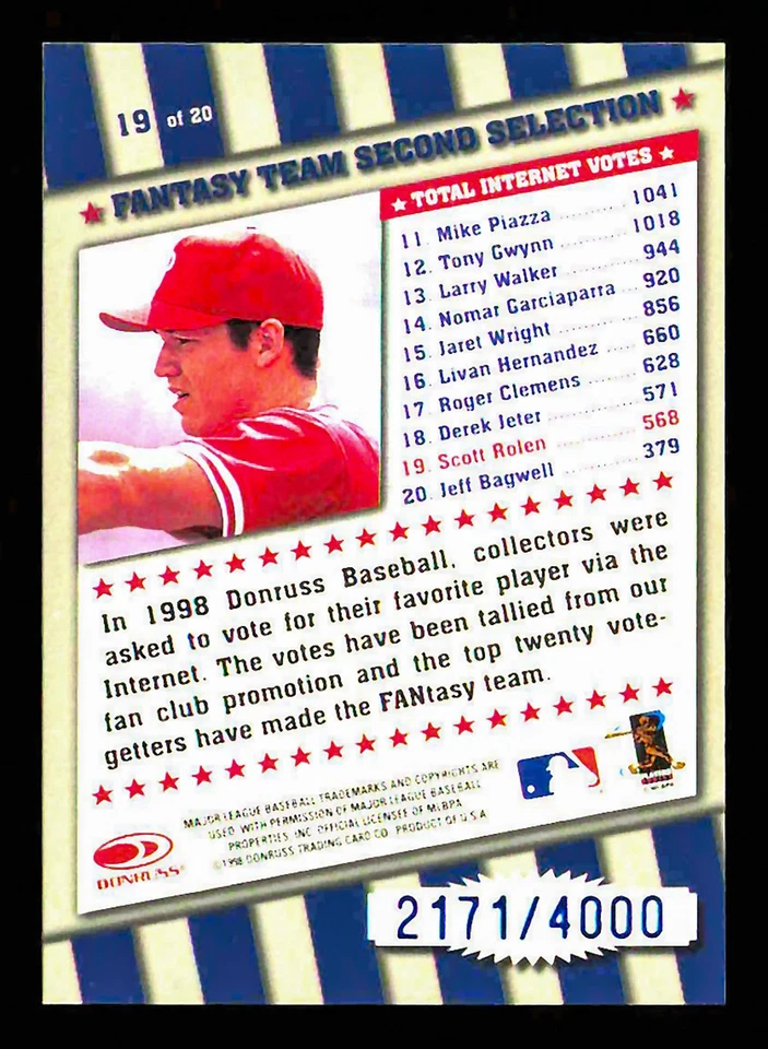 1998 Donruss #19 Scott Rolen /4000 FANtasy Team Philadelphia Phillies - Image 2 of 2