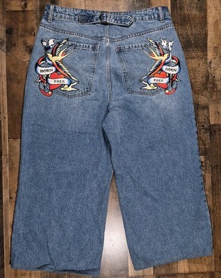 Ed Hardy Baggy Jeans Mens 34x24 Blue Denim Y2K Born Free Cinch Buckle Wide Leg