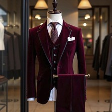 Luxury Velvet Men's Suits Blazer Formal One-Button Slim Fit 3 Piece Jacket Pants