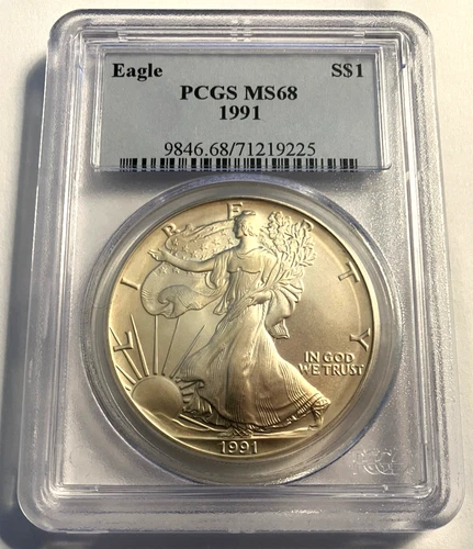 1991 $1 American Silver Eagle MS68 PCGS Nicely Toned