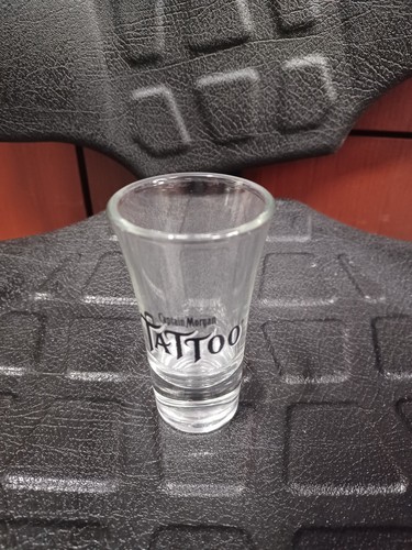 Captain Morgan Tattoo Shot Glass Clear Black Lettering 3.5" Tall Barware Rum...