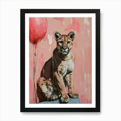 Süßer Puma 4 mit Ballon Kunstdruck gerahmt Wandbild Poster Leinwanddruck Bild