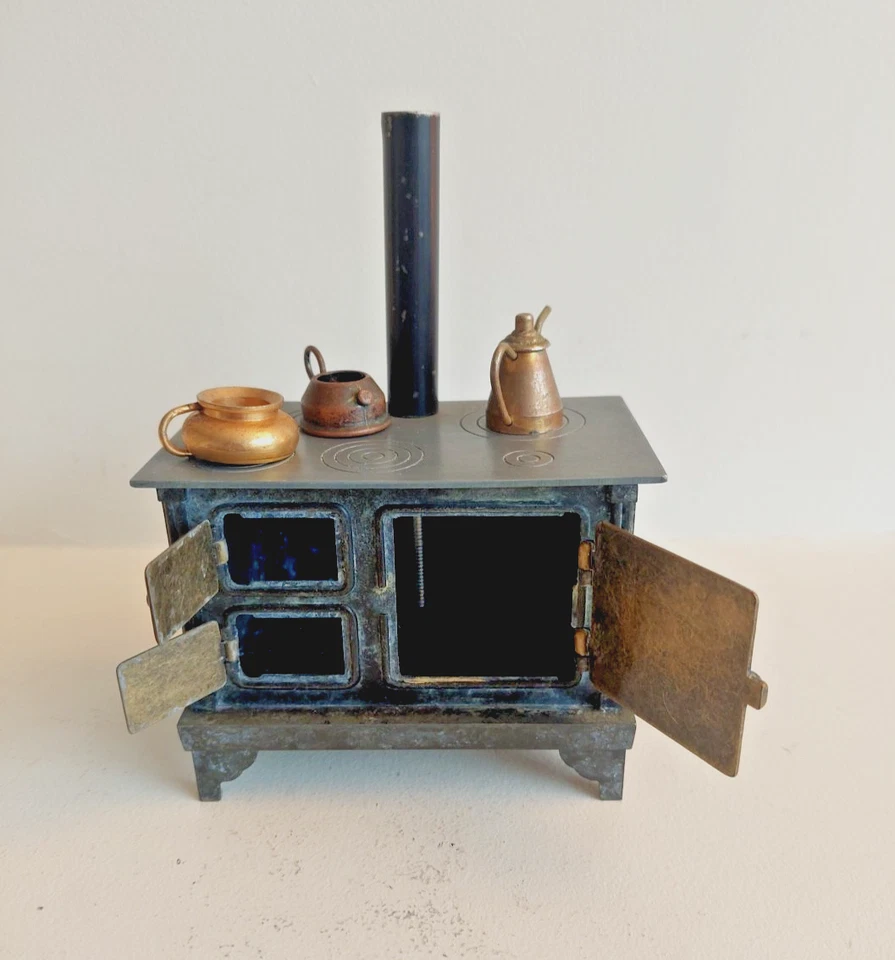 Jouet Ancien Cuisinière Miniature avec 3 petits récipients - Métal Laiton Cuivre - Photo 3/4