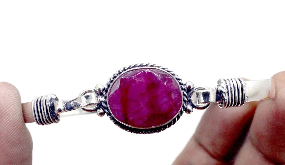925 Sterling Silver Pink Kashmiri Ruby Gemstone Jewelry Cuff Bracelet Size-ADJ - Image 3 of 4