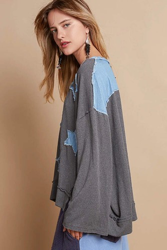 POL Denim Star Patch Exposed Seam Oversized Round Neck Sweatshirt in Gray & Blue - Bild 3 von 13