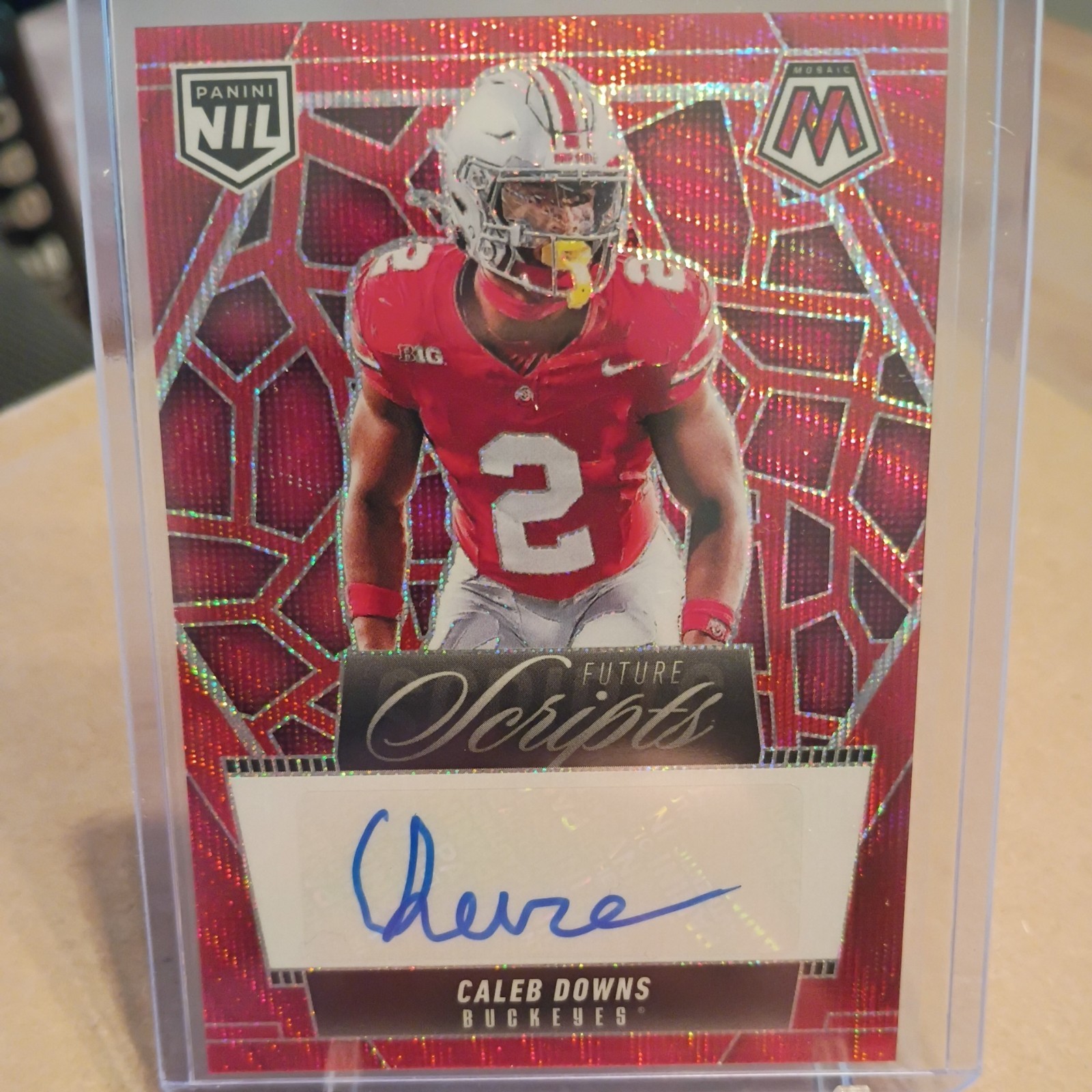 2025 Panini Mosaic Caleb Downs Future Scripts Red Wave Prizm Auto Buckeyes RW