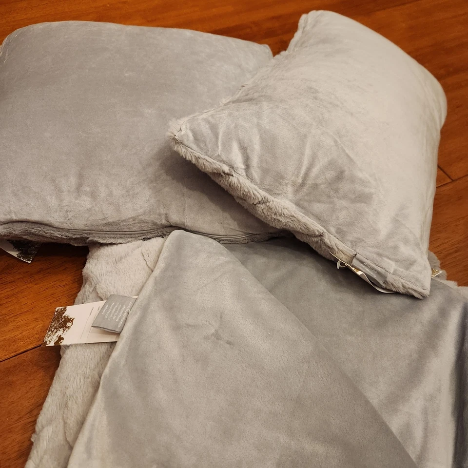 NUEVO EN CAJA Manta Aviva Stanoff 2 Almohadas Piel Esculturada Lujo Terciopelo LT Gris Foto 4 de 4