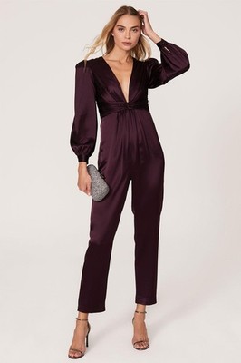 Ieena for Mac Duggal Jumpsuit Womens 12 Purple Satin Plunge V Neck Ruched Waist