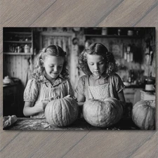 Art Print Two Girls Carving Pumpkins Smiling Black White Autumn Joy