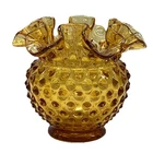 Fenton Amber Hobnail Handkerchief Style Ruffled Rim Art Glass Vase Vintage