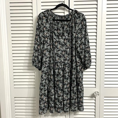 Banana Republic Black Green Floral 3/4 Sleeve Dress Knee Length Tiered Sz M