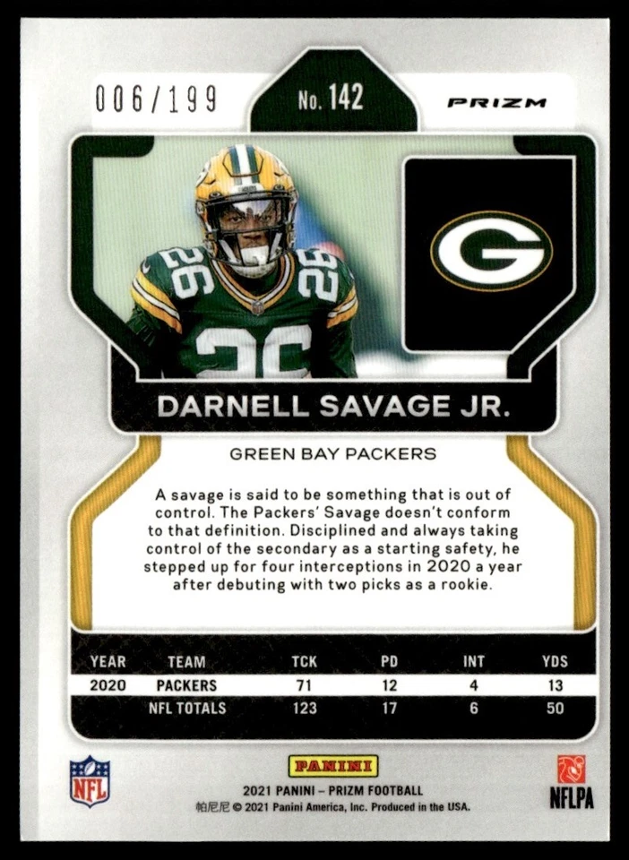 2021 Panini Prizm Blue Wave 006/199 Darnell Savage #142 BB2 - Image 2 of 2