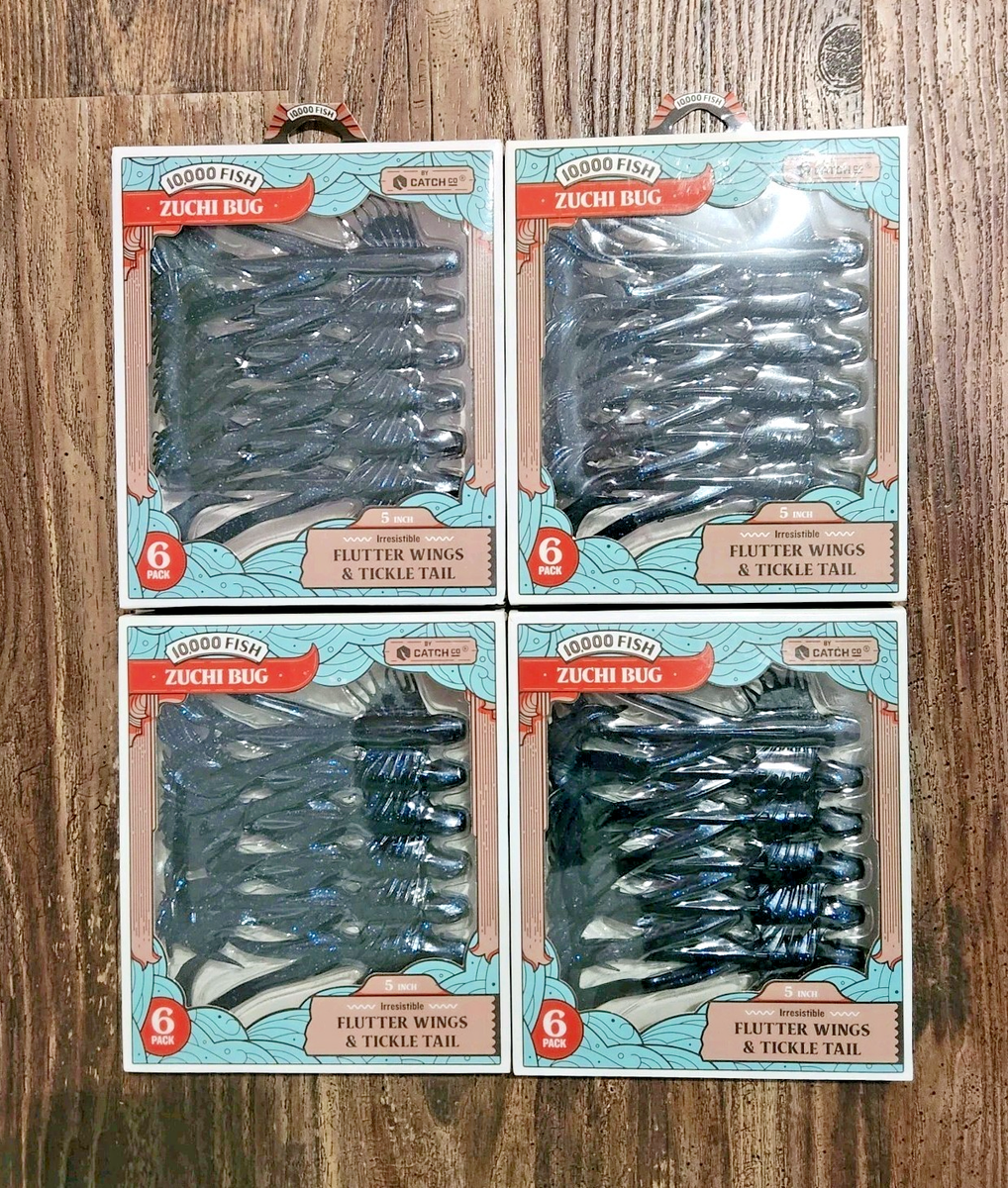 4 Pack (24 Total) 10,000 Fish Zuchi Bug Bass Fishing Lure Black/Blue 5" Each