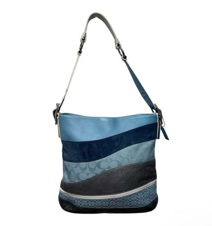 Coach Vintage Signature Wave Duffle Patchwork Hobo Bag Blue #10653 RARE - Image 4 of 4