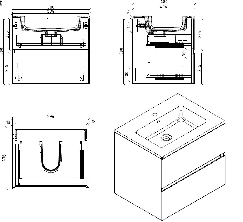 Grey 60cm Wall Bathroom Sink & Storage Drawers Concrete Effect Resin