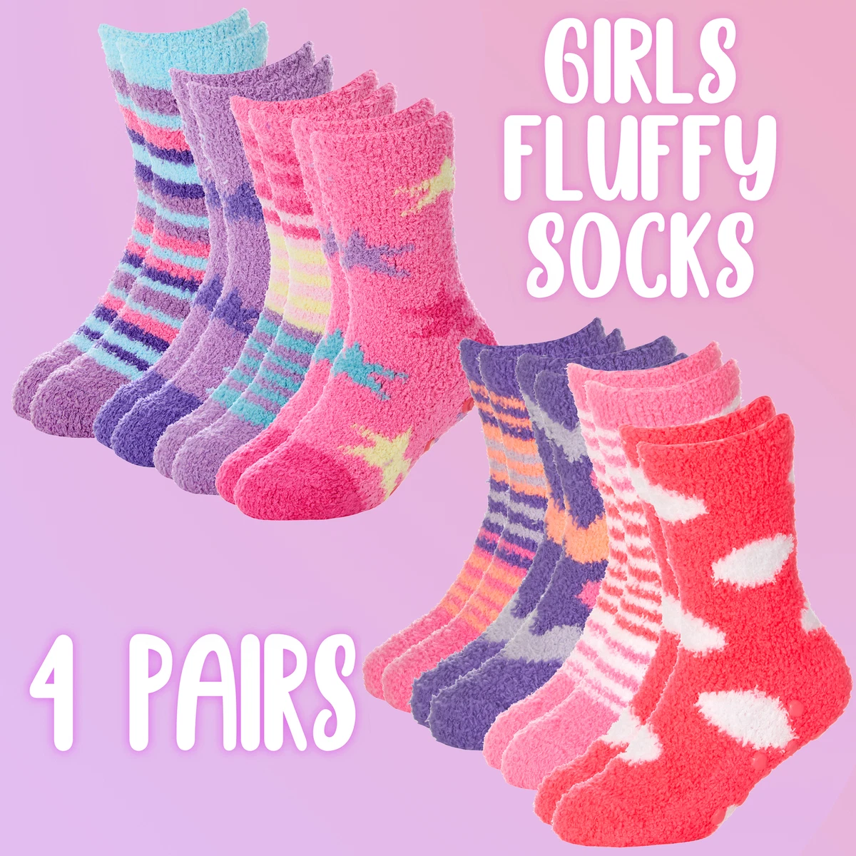 Fuzzy Anti-Slip Socks Non Slip Fluffy Slipper Socks for Women Girls with Grippers, Cozy Gifts for Her 4 Pairs