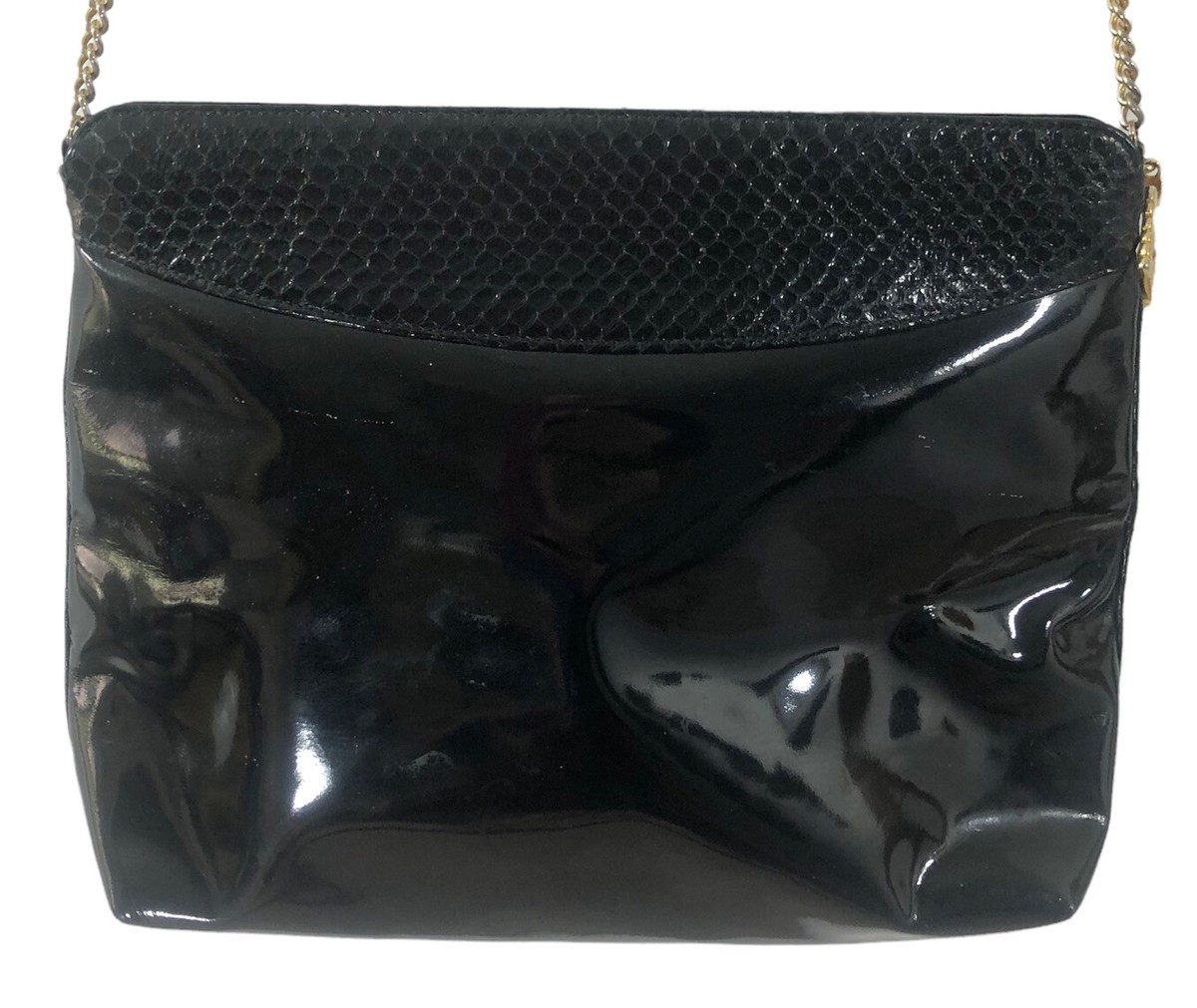 Vintage Salvatore Ferragamo Chain Shoulder Bag Black Patent 