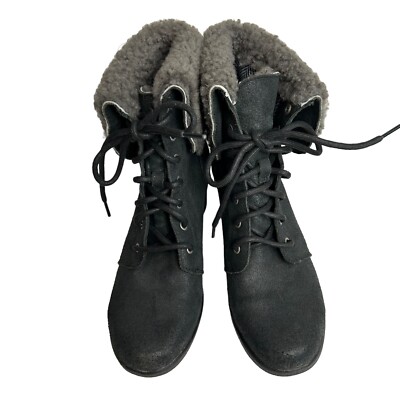 Ugg Zea Black Shearling Wedge Waterproof Lace Up Ankle Boots 