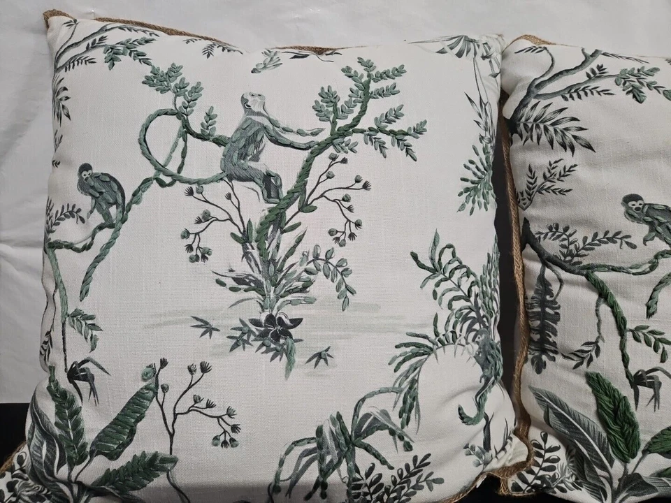 Gorgeous Pair Of Green Embroidered 18"  Pillow Casings Only W/Adorable Monkies - Image 2 of 4
