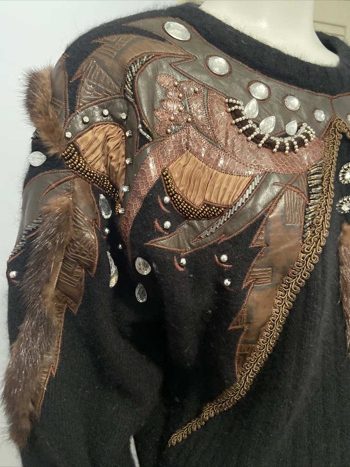 Suéter De Colección Erez Embellecido Estrás Cuentas Cuero Real Piel Y Piel De Serpiente S Foto 4 de 4